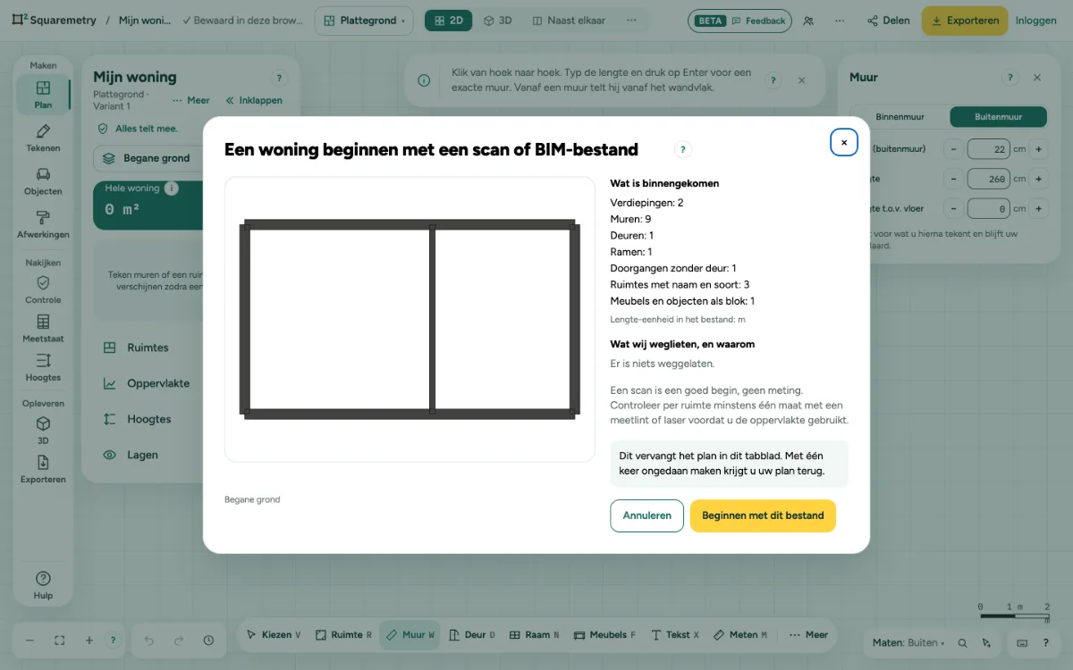 Het venster Een woning beginnen met een scan of BIM-bestand, met wat binnenkwam en wat wij weglieten.