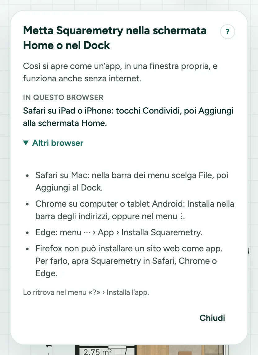 La scheda Metta Squaremetry nella schermata Home o nel Dock su un iPad, con il passo per Safari e Altri browser.