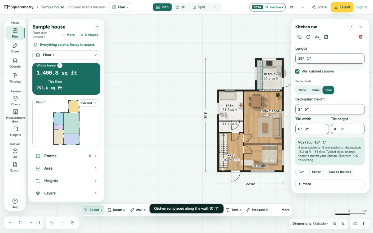 Interior mode with a kitchen run along the kitchen wall and its card: length, wall cabinets, a tiled backsplash and the sum.