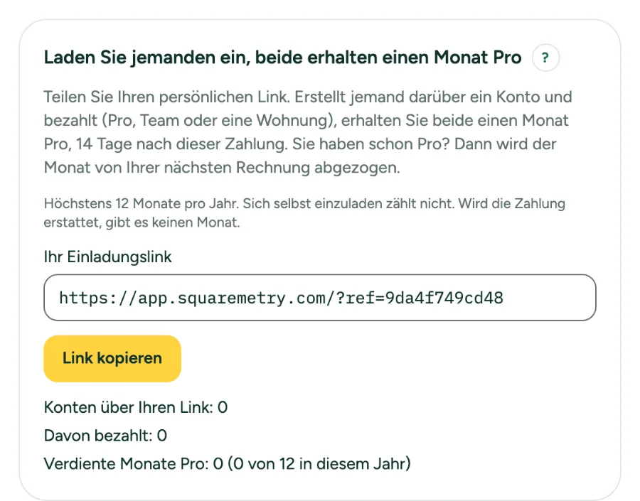Einstellungen, Abo und Abrechnung: Laden Sie jemanden ein, beide erhalten einen Monat Pro, mit Ihrem Einladungslink, Link kopieren und den Zahlen.