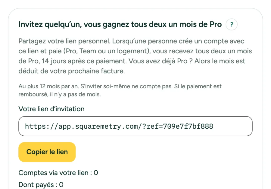 Paramètres, Abonnement et facturation : la carte d’invitation, avec votre lien d’invitation, Copier le lien et les chiffres.
