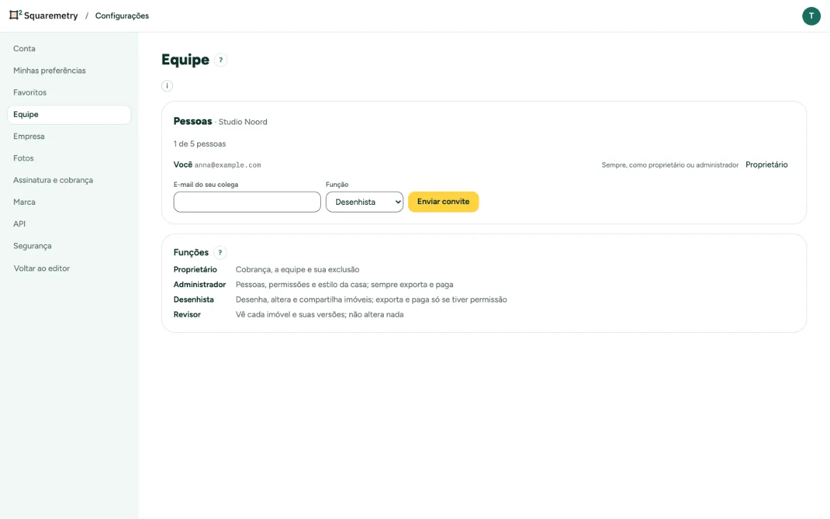 Configurações, Equipe, com as pessoas de uma filial e suas funções.