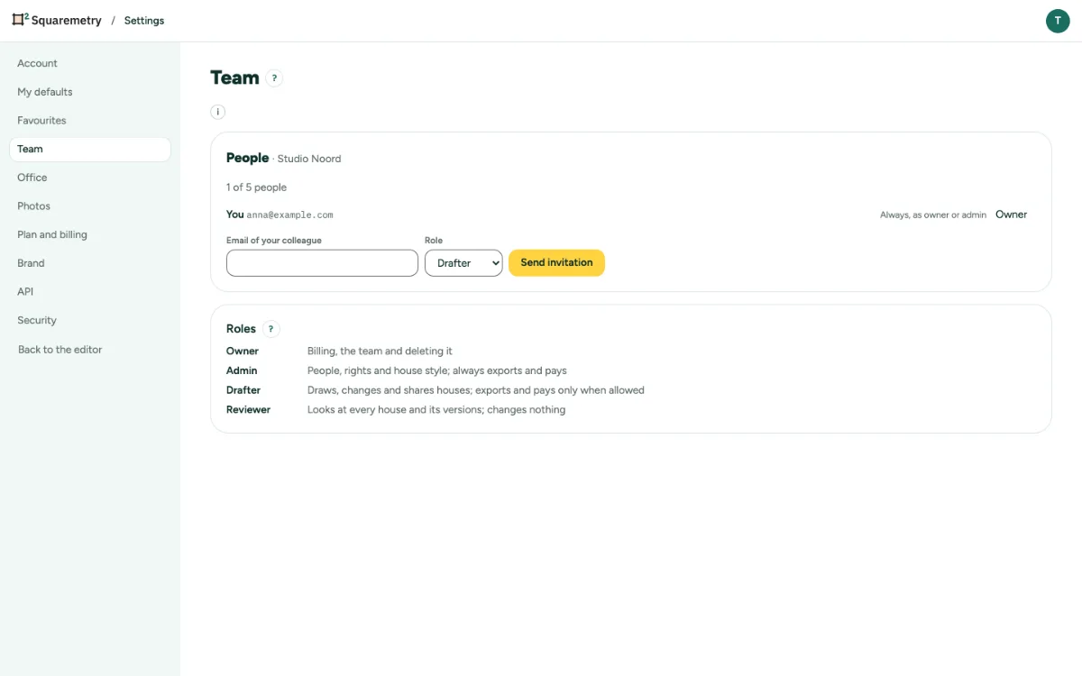 Settings, Team, with the people of a branch and their roles.