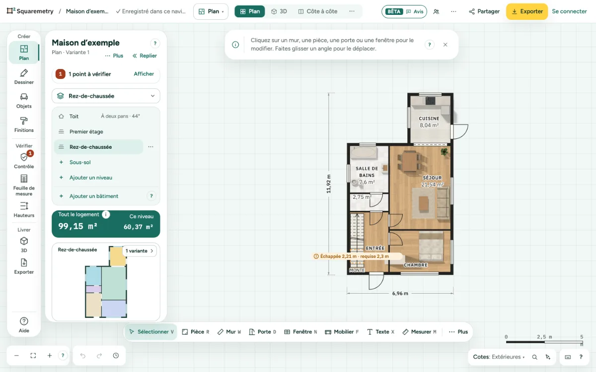 La maison d’exemple avec le champ du niveau ouvert dans le panneau Plan : Rez-de-chaussée, 1er étage, Ajouter un niveau et Ajouter un bâtiment.