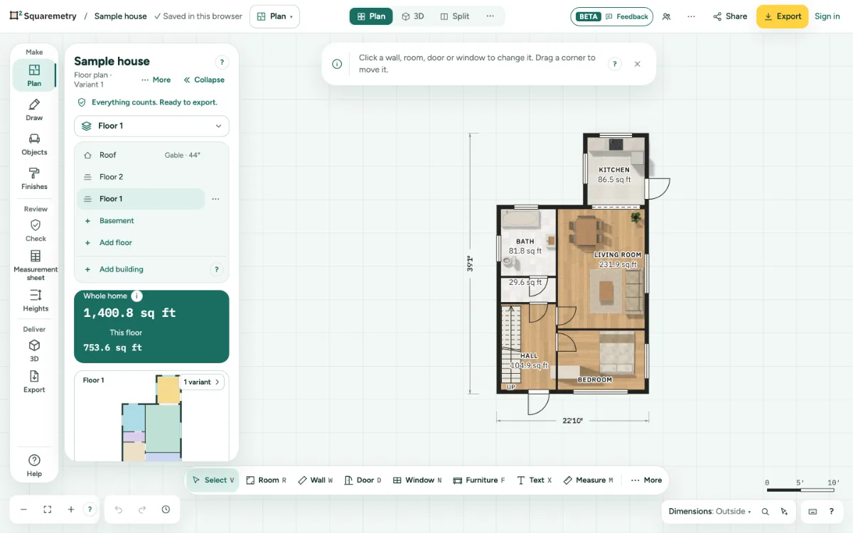 The sample house with the floor field open in the Plan panel: Floor 1, Floor 2, Add floor and Add building.