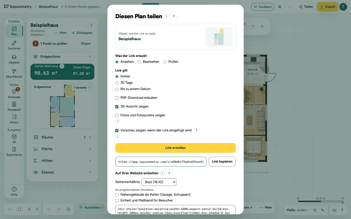 Das Fenster Diesen Plan teilen mit angehakter Vorschau zeigen, wenn der Link eingefügt wird, unter den anderen Einstellungen für den Link.