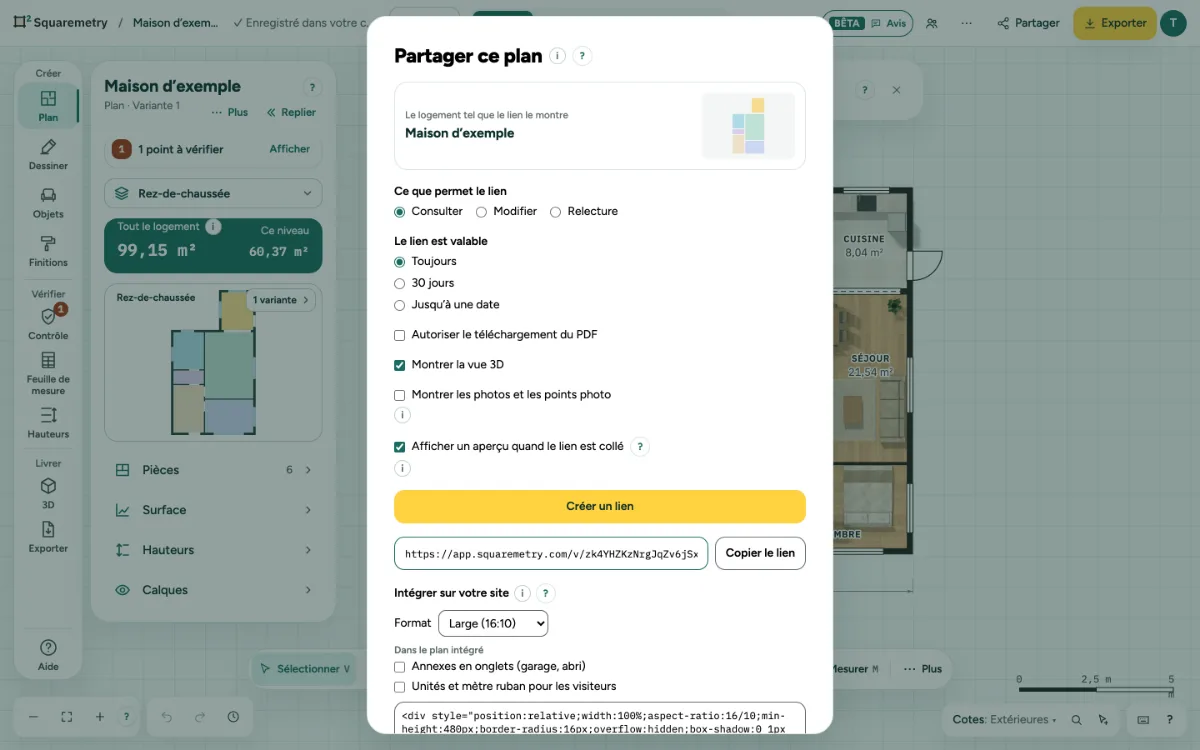 La fenêtre Partager ce plan, avec Afficher un aperçu quand le lien est collé coché, sous les autres choix du lien.