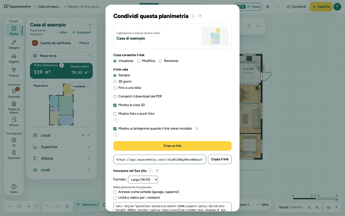La finestra Condividi questa planimetria con Mostra un’anteprima quando il link viene incollato spuntato, sotto le altre scelte per il link.