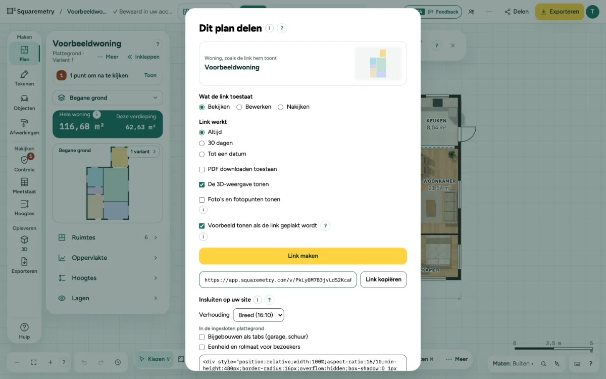 Het venster Dit plan delen met Voorbeeld tonen als de link geplakt wordt aangevinkt, onder de andere keuzes voor de link.