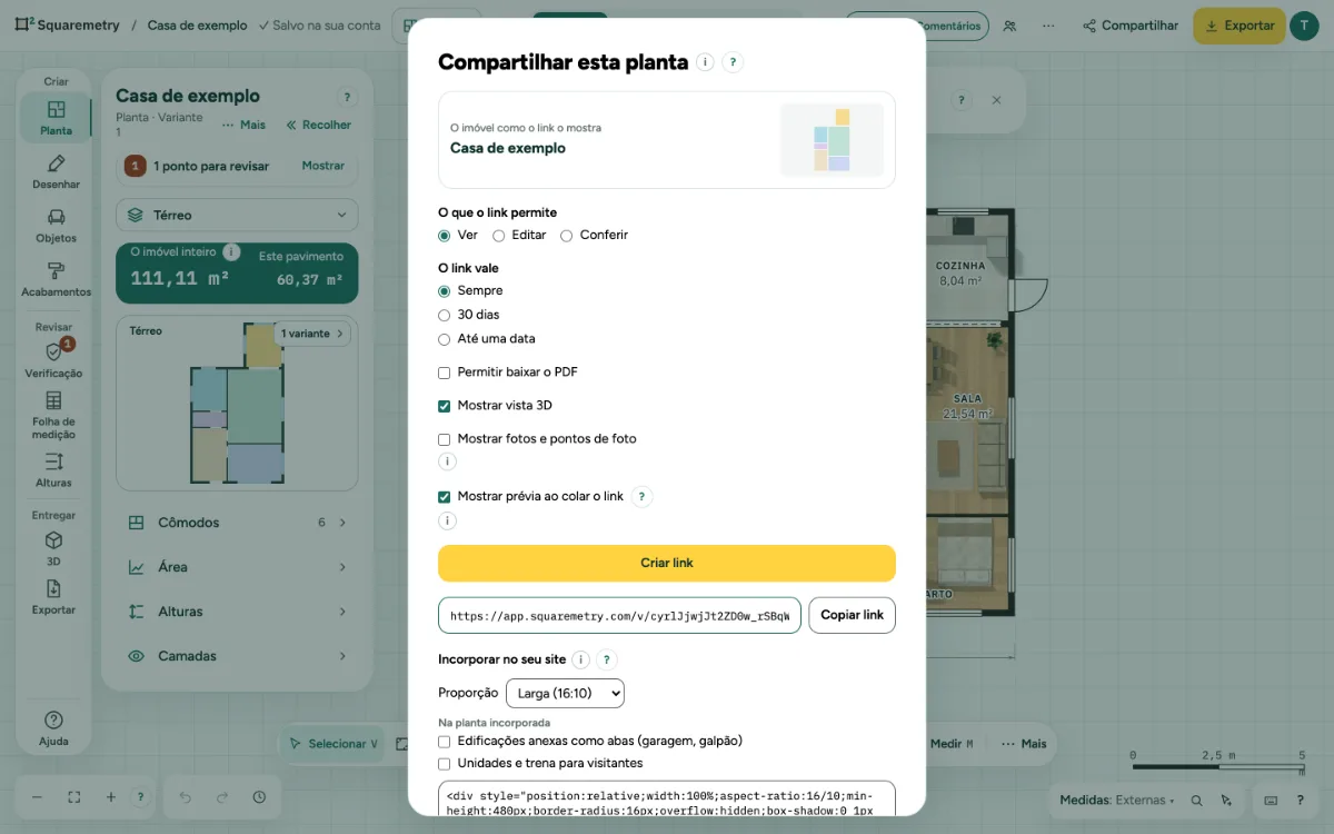 A janela Compartilhar esta planta, com Mostrar prévia ao colar o link marcado, abaixo das outras escolhas para o link.