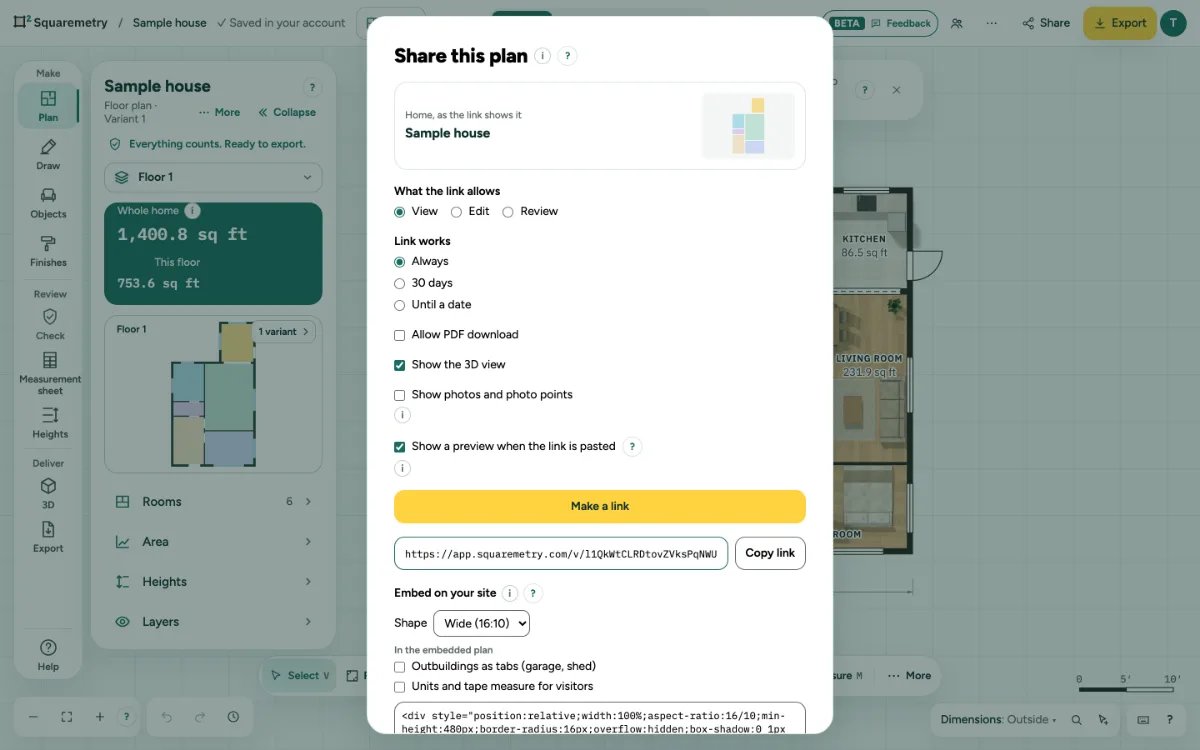 The window Share this plan with Show a preview when the link is pasted checked, under the other choices for the link.
