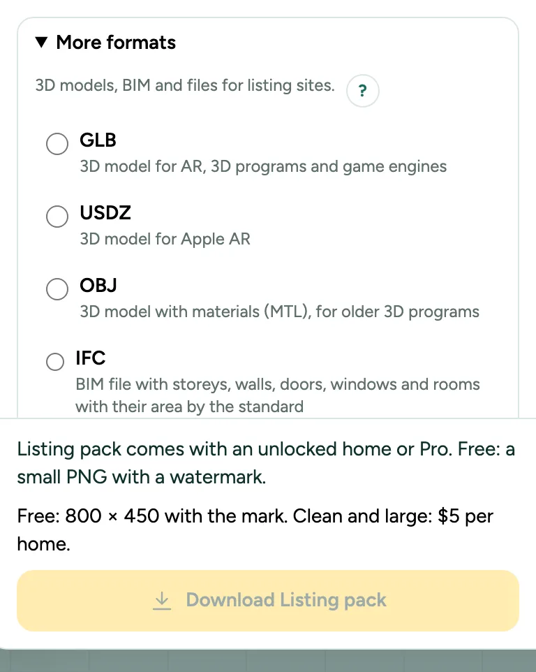 More formats with Listing pack and the source of the area for RESO.