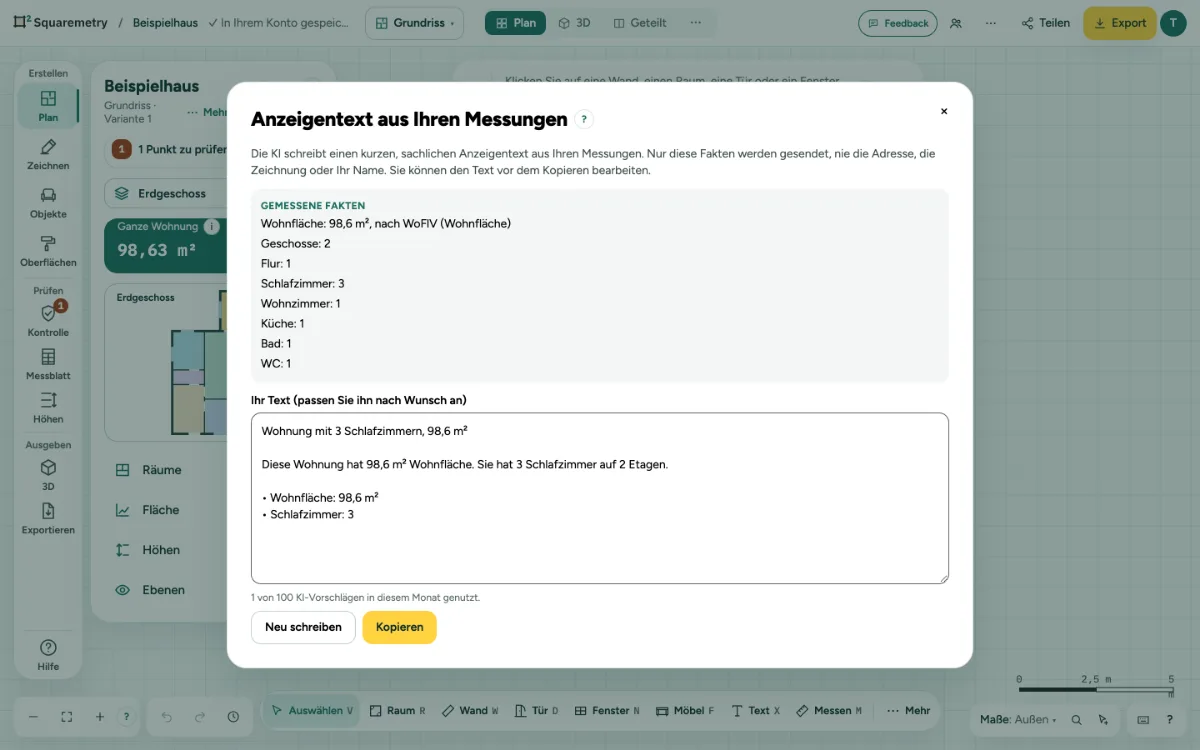 Ein Anzeigentext aus den gemessenen Fakten: Fläche nach der Norm, Schlafzimmer und Etagen, bereit zum Bearbeiten und Kopieren.