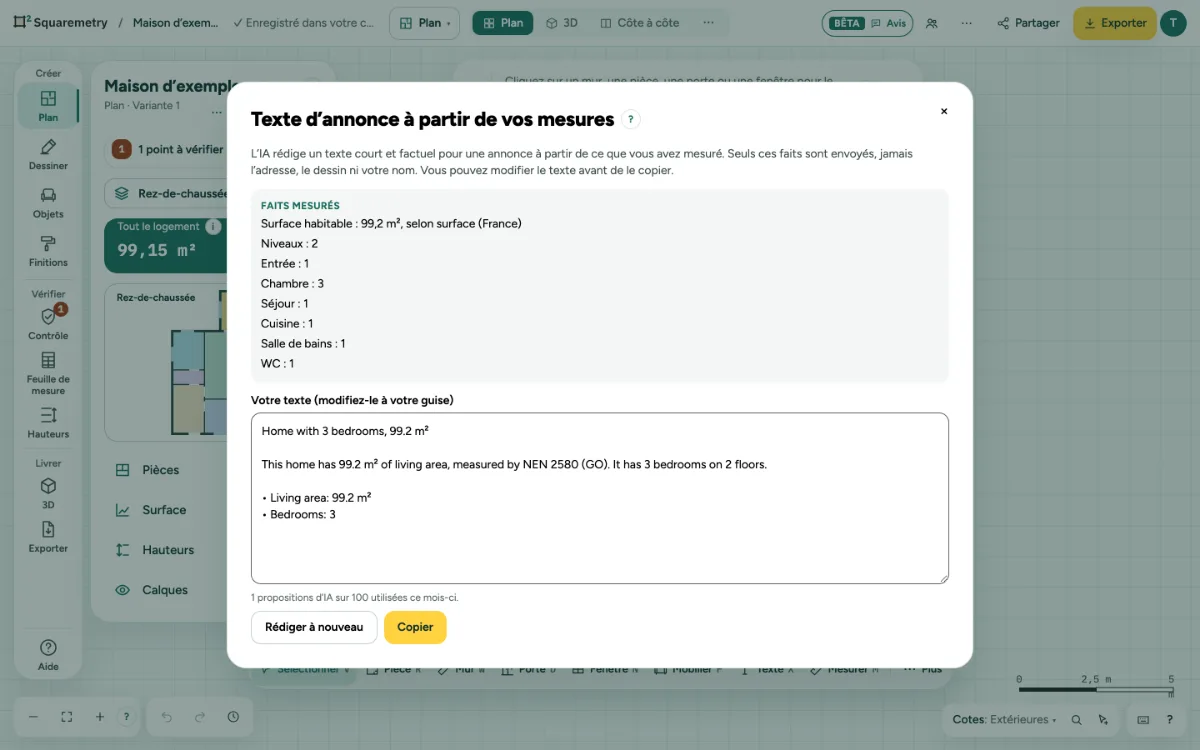 Un texte d’annonce rédigé à partir des faits mesurés : surface selon la norme, chambres et niveaux, prêt à modifier et à copier.