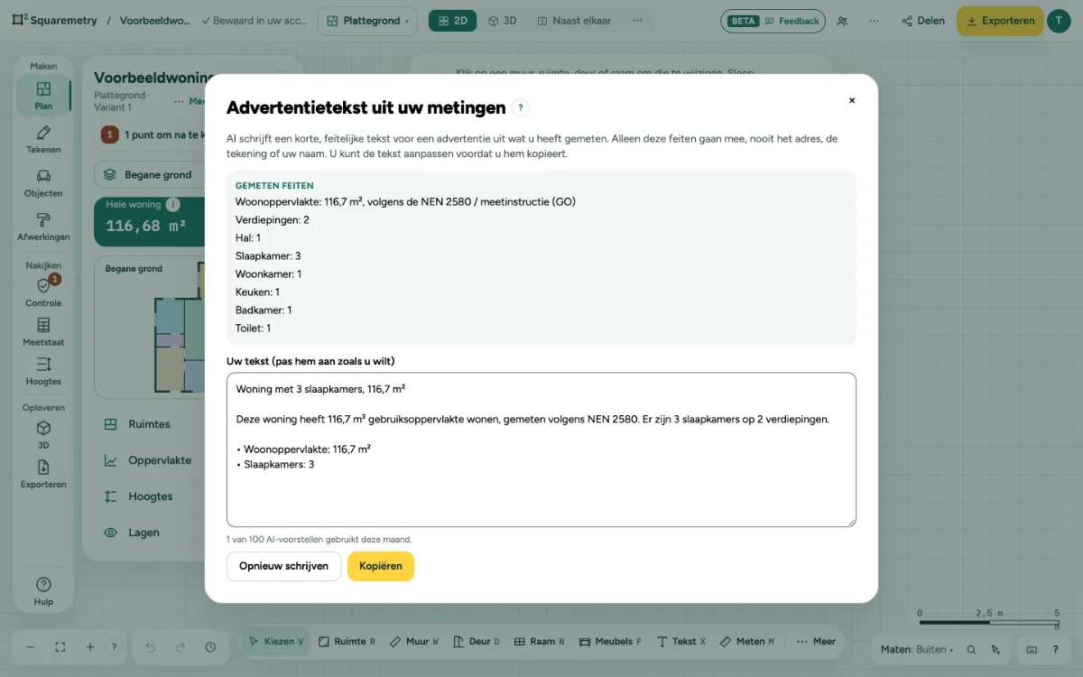 Een advertentietekst uit de gemeten feiten: oppervlakte volgens de norm, slaapkamers en verdiepingen, klaar om aan te passen en te kopiëren.
