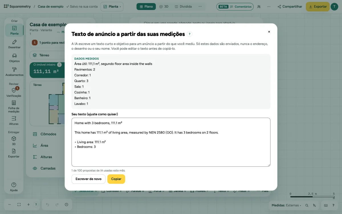 Um texto de anúncio escrito a partir dos dados medidos: área segundo a norma, quartos e pavimentos, pronto para editar e copiar.