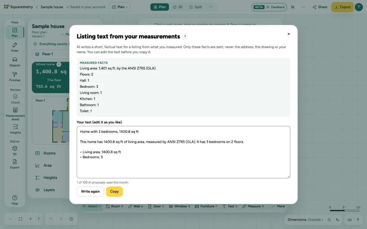 A listing text written from the measured facts: area by the standard, bedrooms and floors, ready to edit and copy.