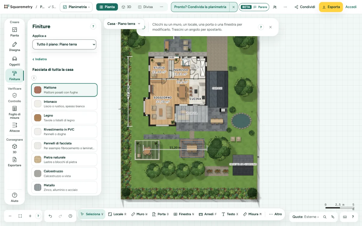 La villa di esempio con Finiture, Facciata aperta: materiale, colore e finitura per ogni muro esterno in una volta.
