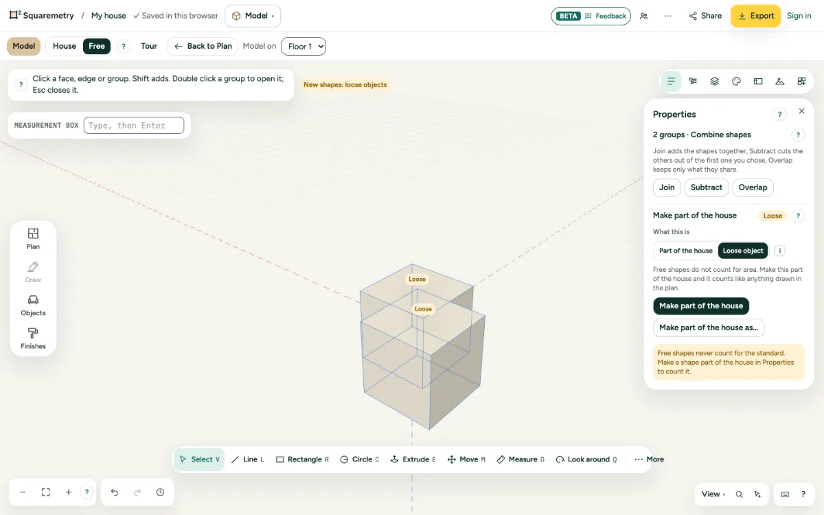 Two blocks chosen, with Join, Subtract and Overlap in Properties.