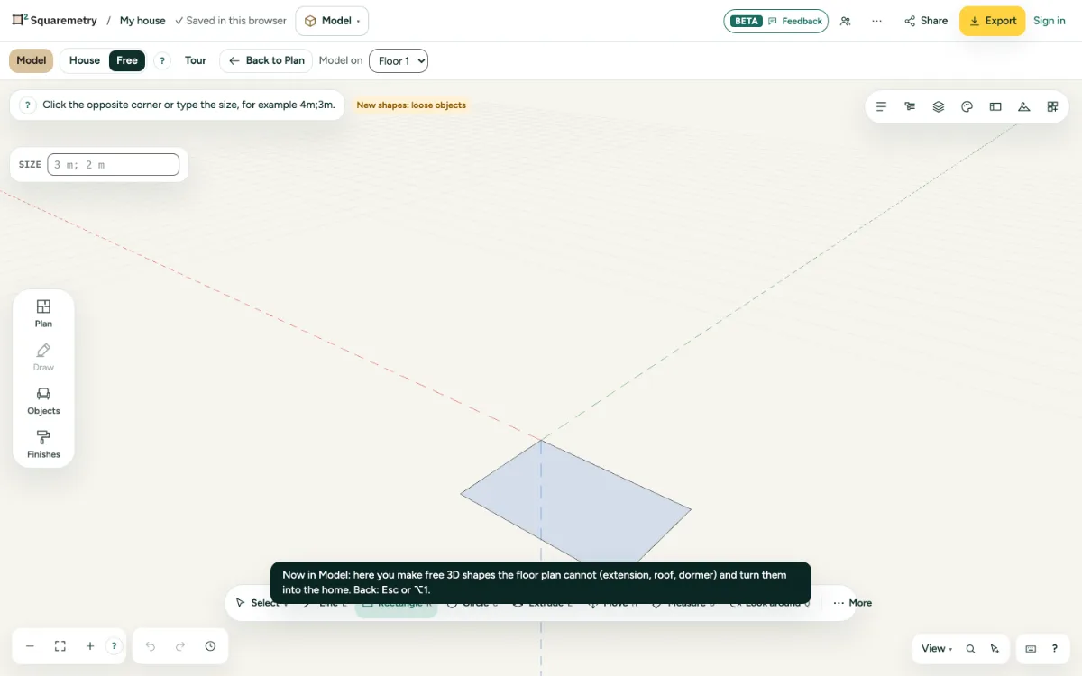 A rectangle being drawn on the ground, its size in the measurement box.