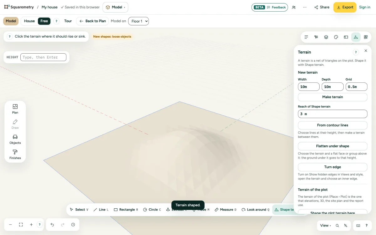 A terrain with a raised middle and the Terrain panel.