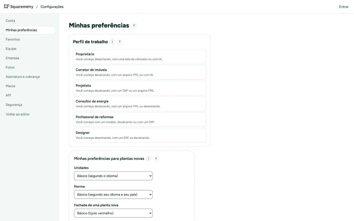 Configurações, Minhas preferências, com unidades, norma, paredes, pé-direito e papel.
