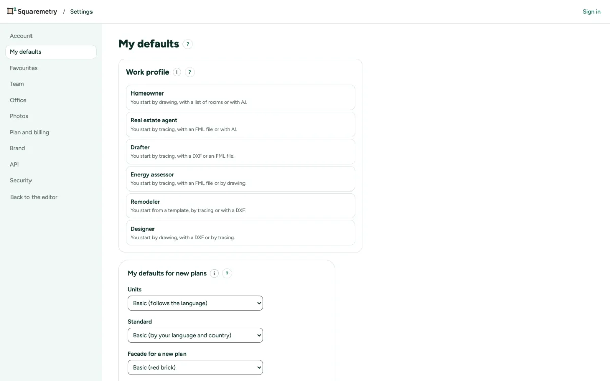 Settings, My defaults, with units, standard, walls, ceiling and paper.