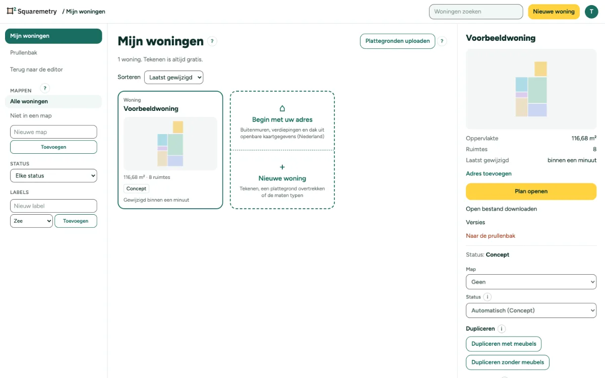 Mijn woningen met de voorbeeldwoning als kaart.