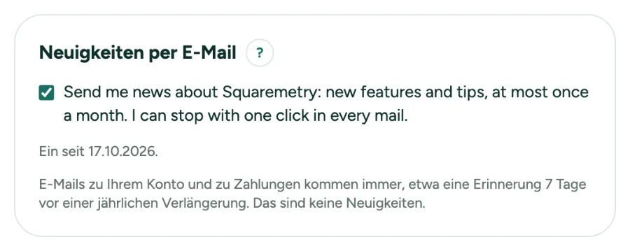 Einstellungen, Konto, mit Neuigkeiten per E-Mail: das Kästchen und was immer kommt.