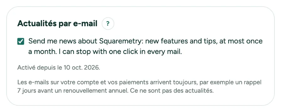 Paramètres, Compte, avec Actualités par e-mail : la case et ce qui arrive toujours.