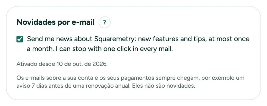 Configurações, Conta, com Novidades por e-mail: a caixa e o que sempre chega.