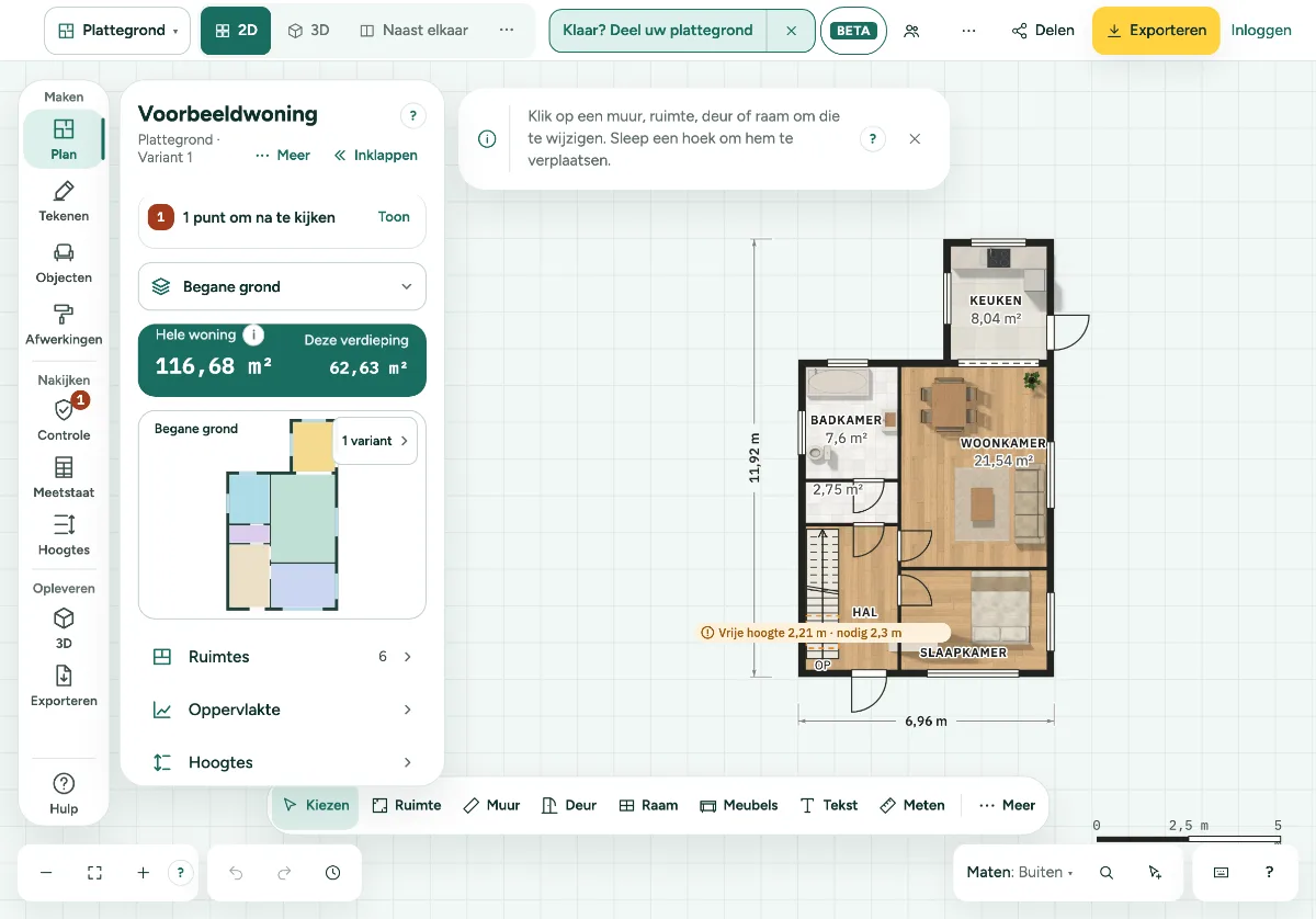 De editor op een iPad liggend, met de voorbeeldwoning, het paneel en de gereedschapsbalk tussen de hoeken.