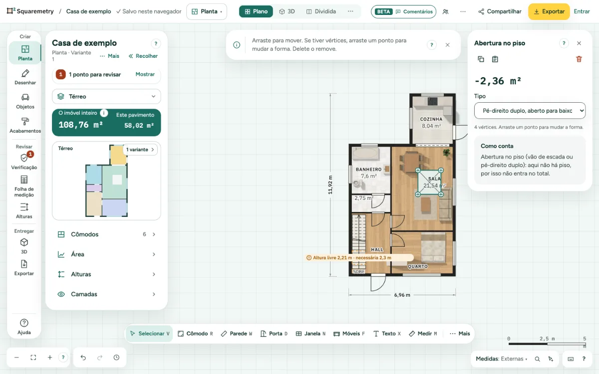 Uma abertura no piso desenhada na sala de estar e o cartão dela.