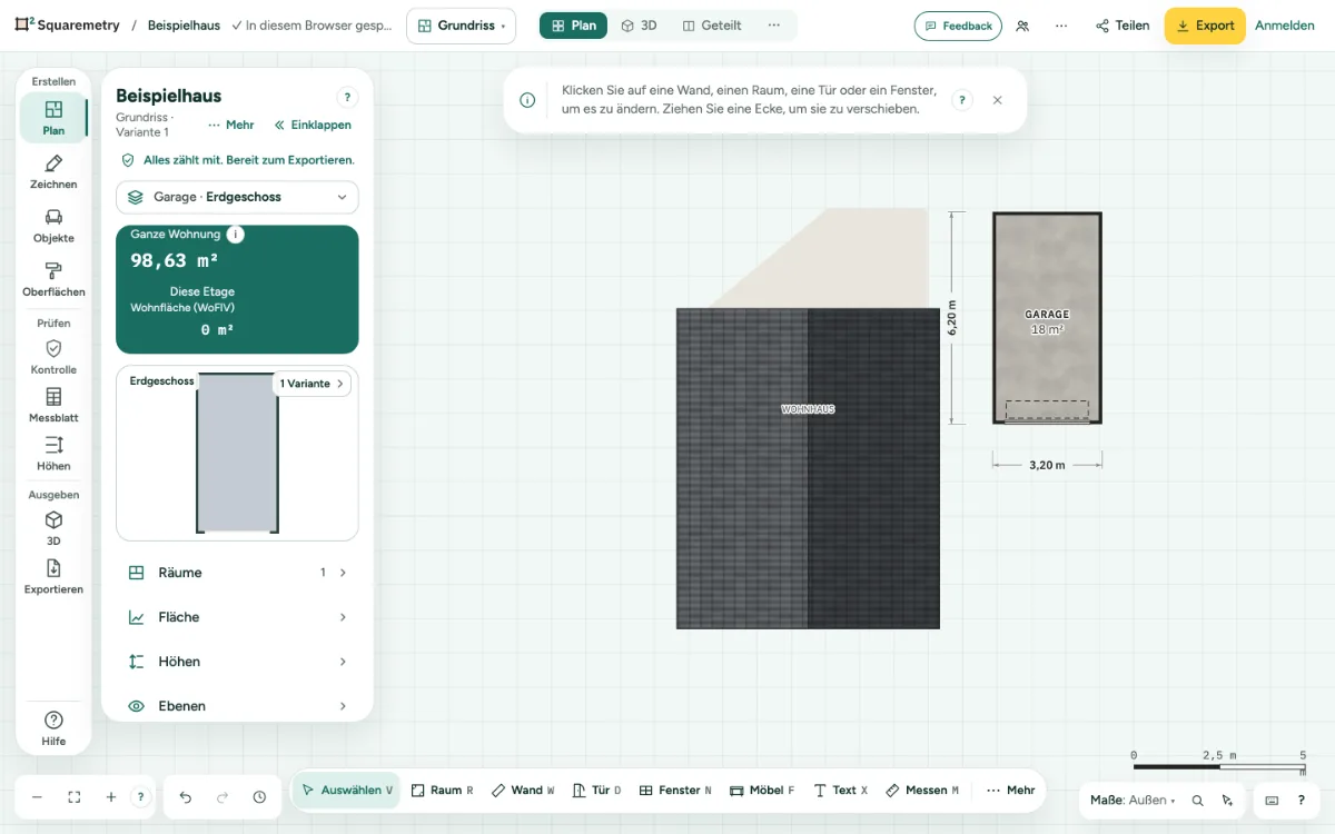 Das Beispielhaus mit einer Garage daneben, und die Knöpfe Wohnhaus und Garage über den Etagen.