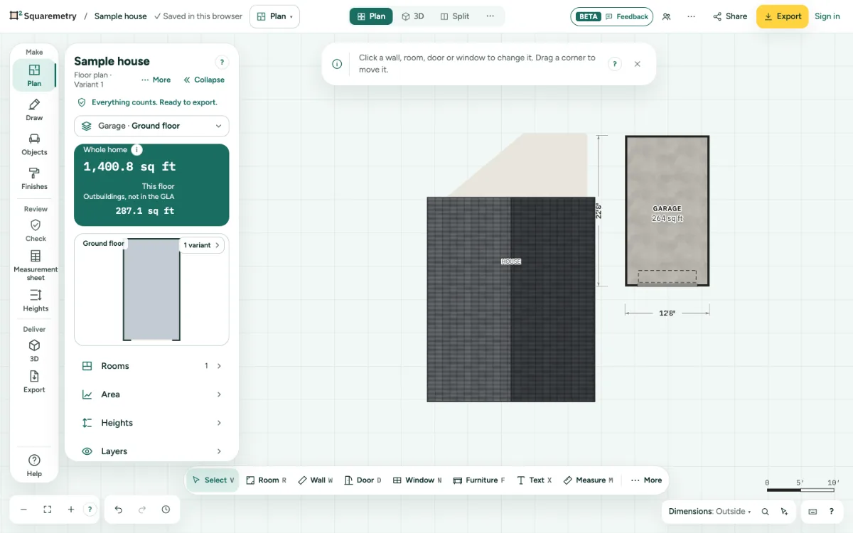 The sample house with a garage next to it, and the buttons House and Garage above the level tabs.