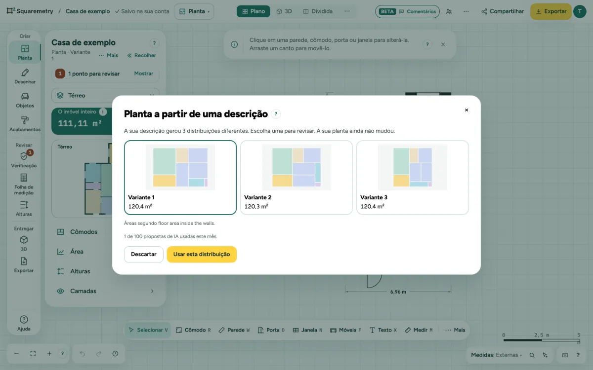 Três distribuições a partir da descrição 3 quartos, 120 m², cada uma com a sua área, e Usar esta distribuição.