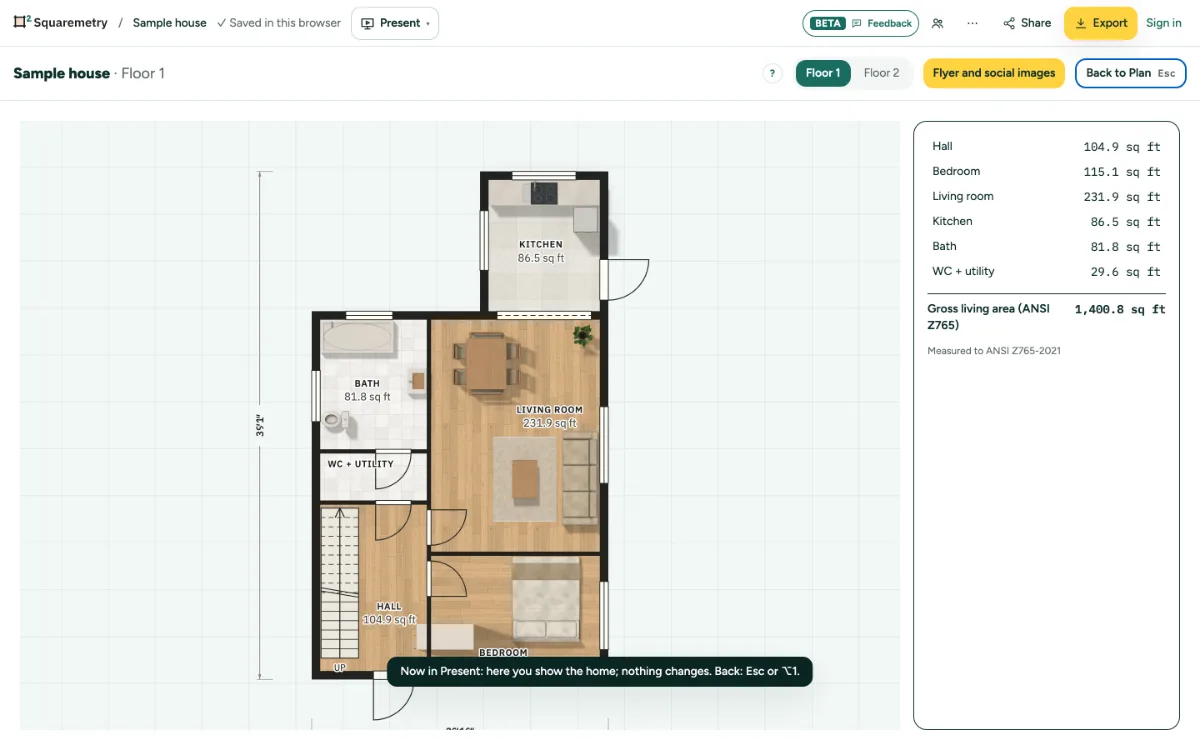 Present: the plan full screen with the rooms and totals, and Back to Plan.