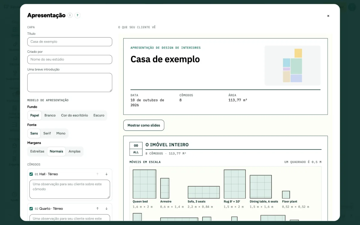 A janela Apresentação com a capa, os cômodos e o que o seu cliente vê.