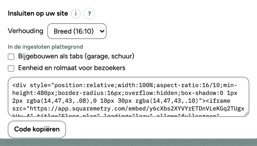Het venster om dit plan te delen, met een gemaakte kijklink; Insluiten op uw site staat onder de link.