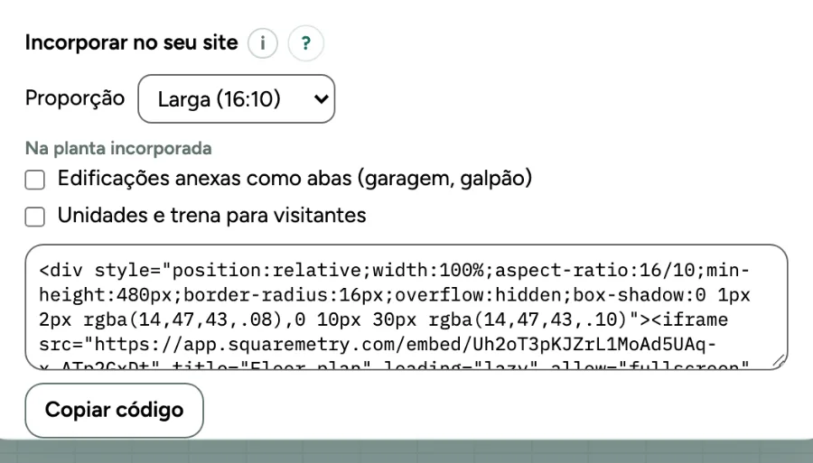 A janela Compartilhar esta planta com um link de visualização criado; Incorporar no seu site fica abaixo do link.