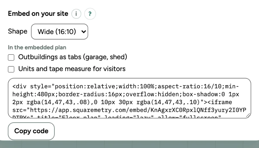 The window Share this plan with a view link made; Embed on your site is below the link.