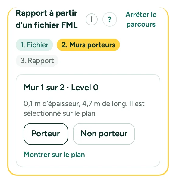 Le parcours Rapport à partir d’un fichier FML : trois étapes, et un mur avec Porteur et Non porteur.