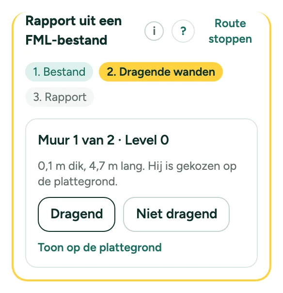 De route Meetrapport uit een FML-bestand: drie stappen, en een wand met Dragend en Niet dragend.