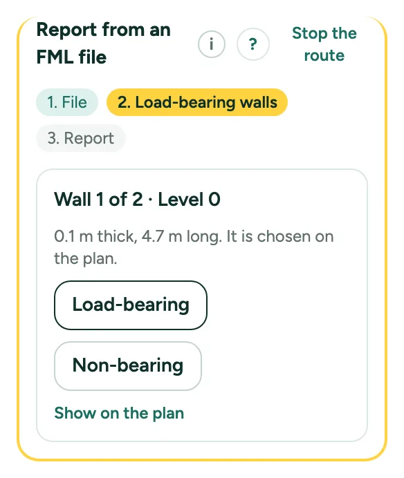 The route Report from an FML file: three steps, and a wall with Load-bearing and Non-bearing.