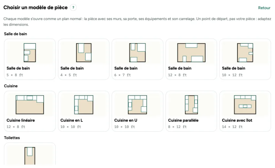 Les modèles de pièce sur l’écran d’accueil : cinq salles de bain, cinq cuisines, des toilettes et une buanderie, chacune avec un petit dessin et sa taille.