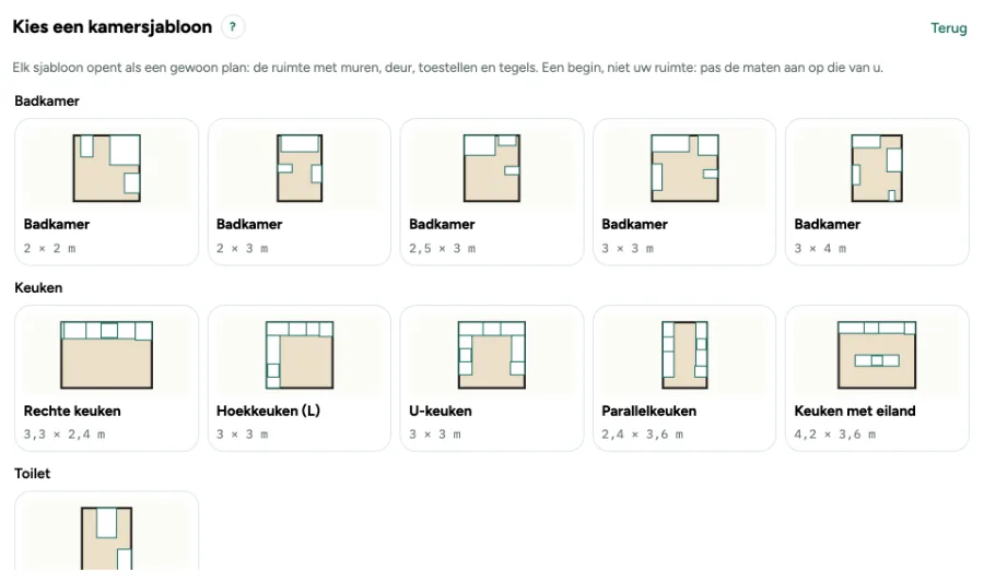 De kamersjablonen in het startscherm: vijf badkamers, vijf keukens, een toilet en een wasruimte, elk met een kleine tekening en de maat.