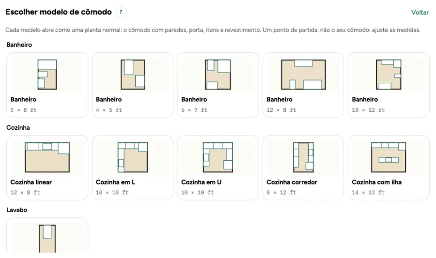 Os modelos de cômodo na tela inicial: cinco banheiros, cinco cozinhas, um lavabo e uma lavanderia, cada um com um pequeno desenho e a medida.