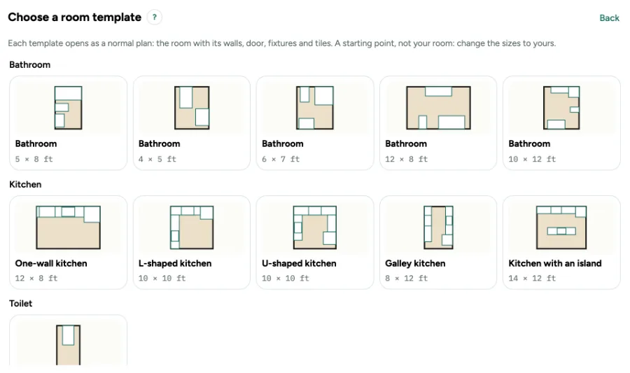 The room templates on the start screen: five bathrooms, five kitchens, a toilet and a laundry room, each with a small drawing and its size.