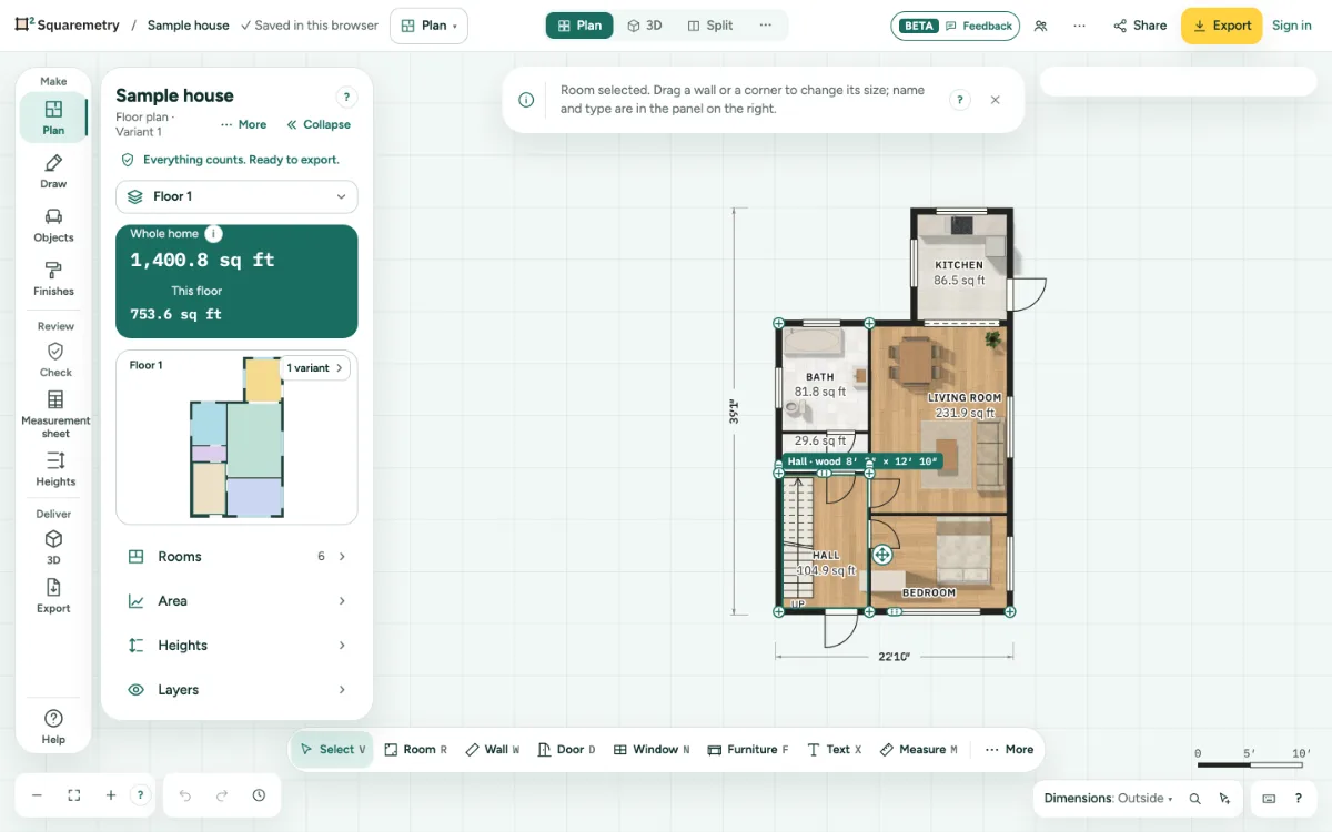 A chosen room in the sample house with its card: name, room type and ceiling height.
