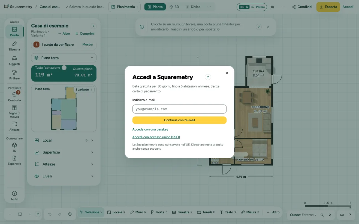 La finestra Accedi a Squaremetry con il campo dell’indirizzo e-mail.